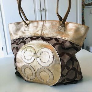 Coach Julia OP Art Signature Tote Shoulder Bag, Vintage, Beige Tan Gold Leather